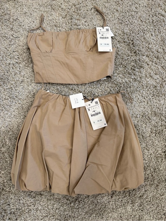 Zara Dresses & Skirts - Zara Beige Two-Piece Crop Top and Skirt Set